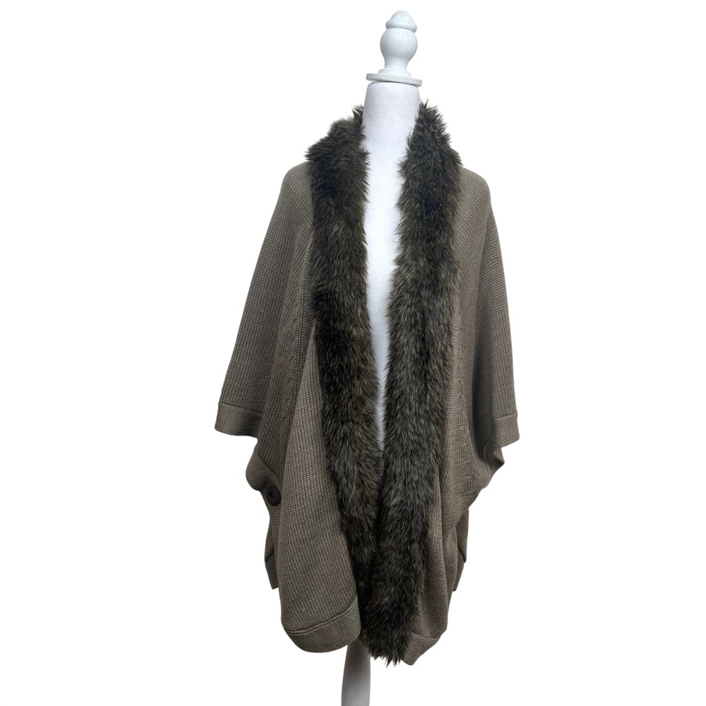 Coldwater Creek‎ Women XL Taupe Waffle Knit Faux Fur Trim Cardigan Sweater Shawl